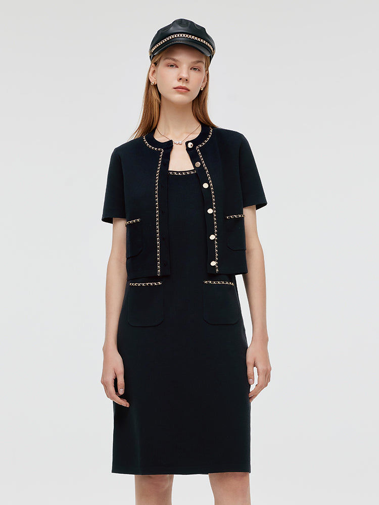 Chain Trim Knitted Jacket And Vest Dress Two-Piece Set GOELIA