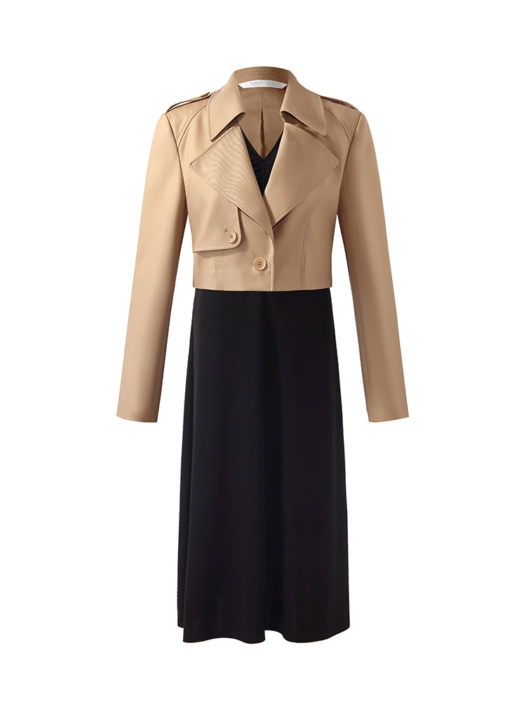 Worsted Wool Lapel Cropped Trench Coat And Acetate Midi Dress Two-Piece Set GOELIA