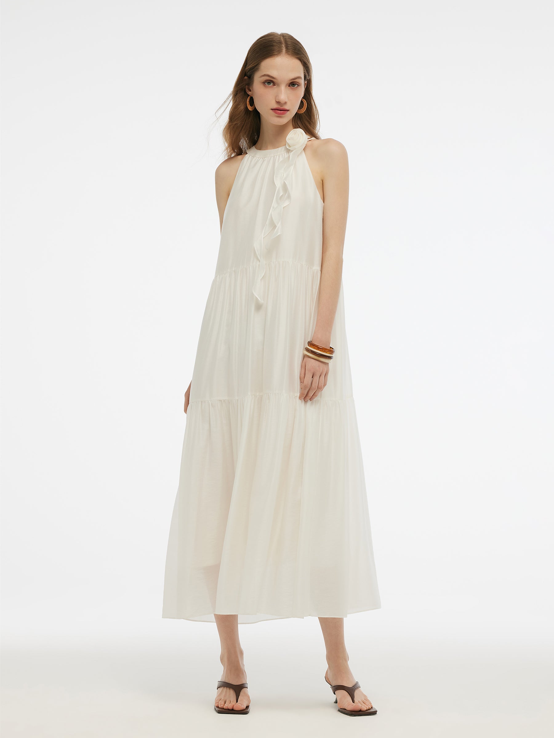 Tencel Halter Maxi Dress With Detachable Flower GOELIA