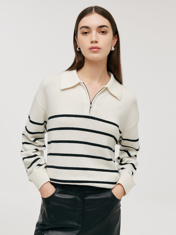 Wool Black And White Stripe Women Sweater GOELIA