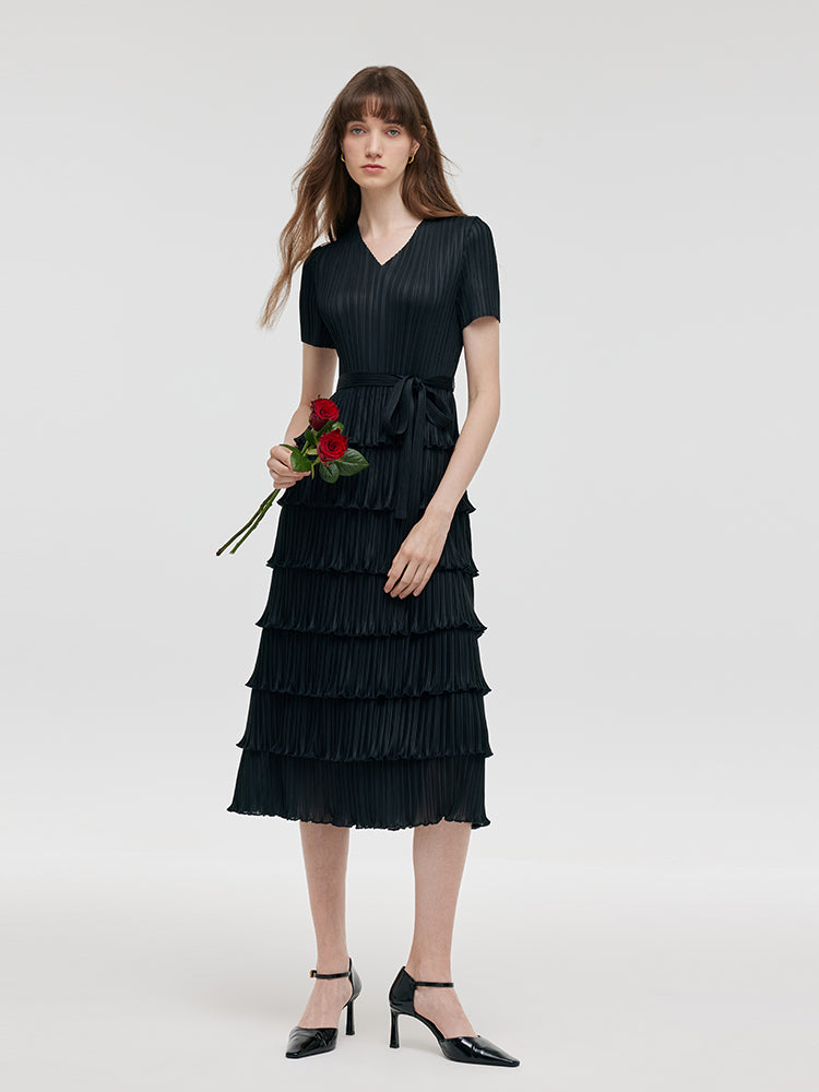 Pleated Women Tiered Midi Dress With Belt GOELIA