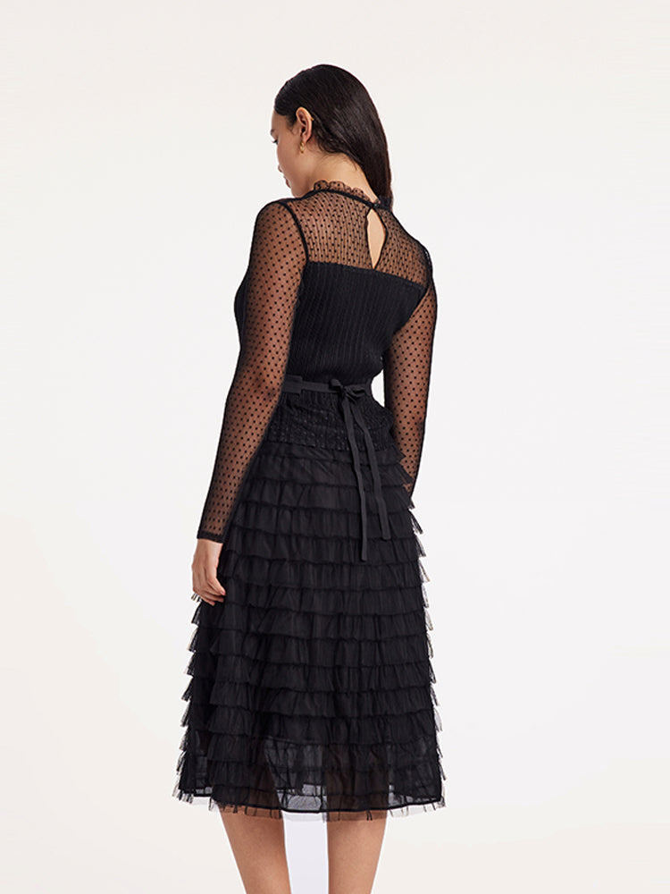 Pleated Tiered Sheer Sleeve Cake Midi Dress GOELIA