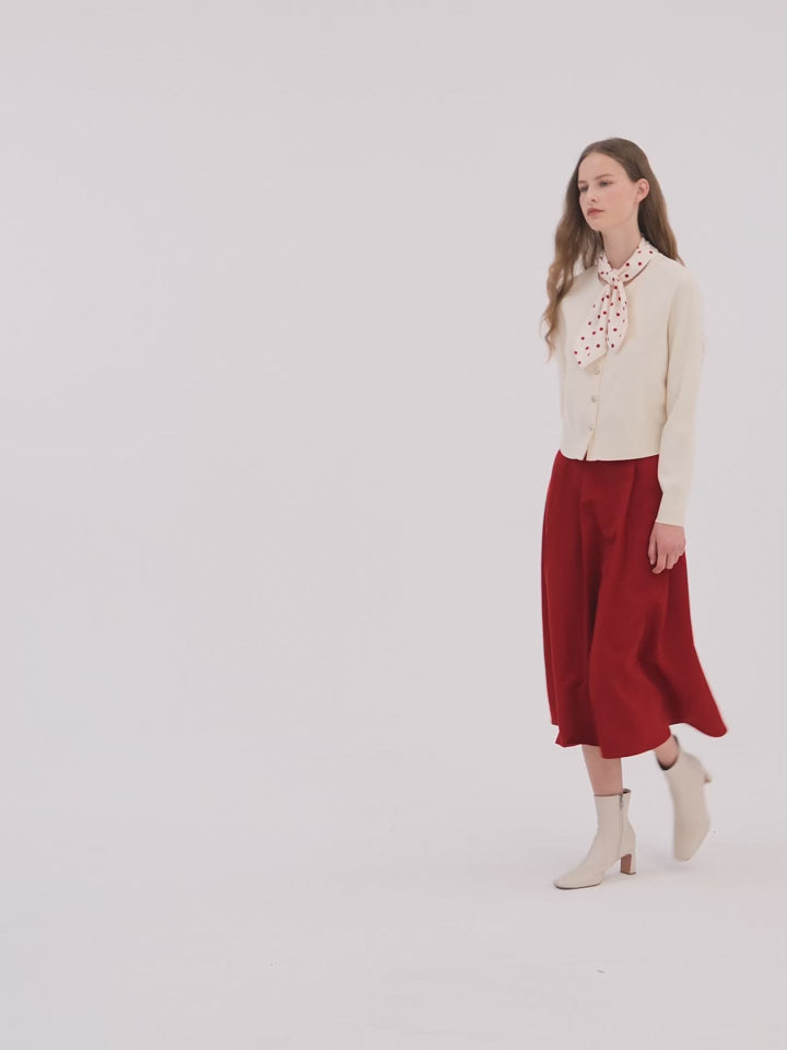 Tencel Wool Cardigan And A-Line Skirt With Polka Dot Scarf