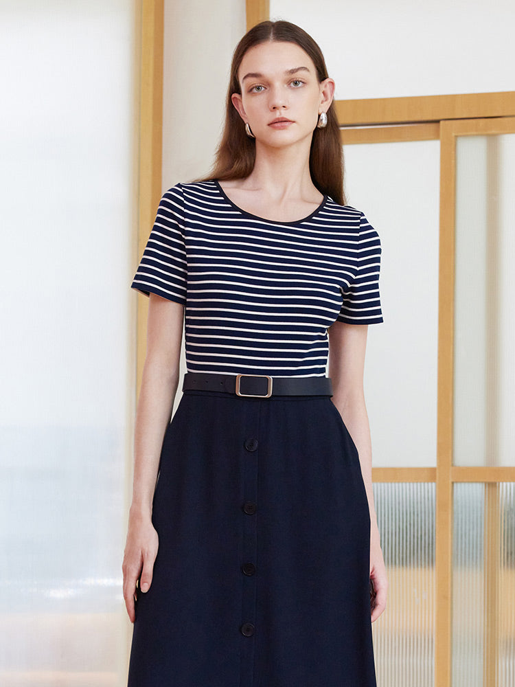 Stripe Patchwork Dress With Belt GOELIA