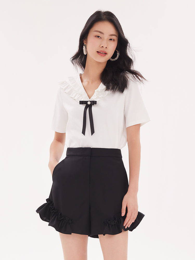 Ruffle Collar T-Shirt (With Bowknot) GOELIA