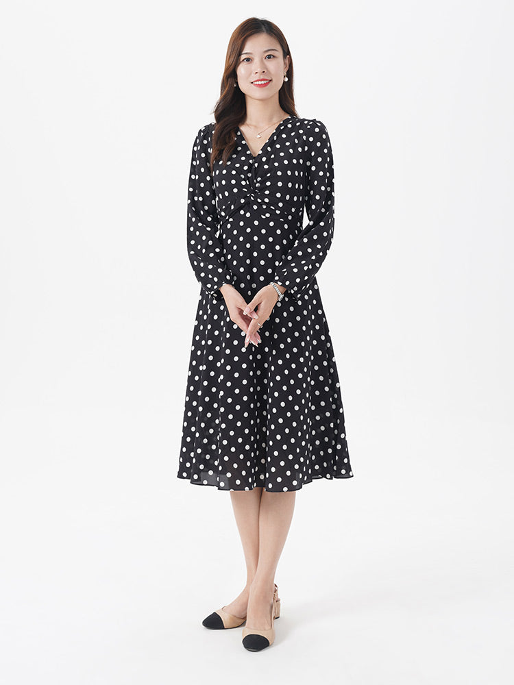 V-Neck Silk Polka Dot Dress GOELIA