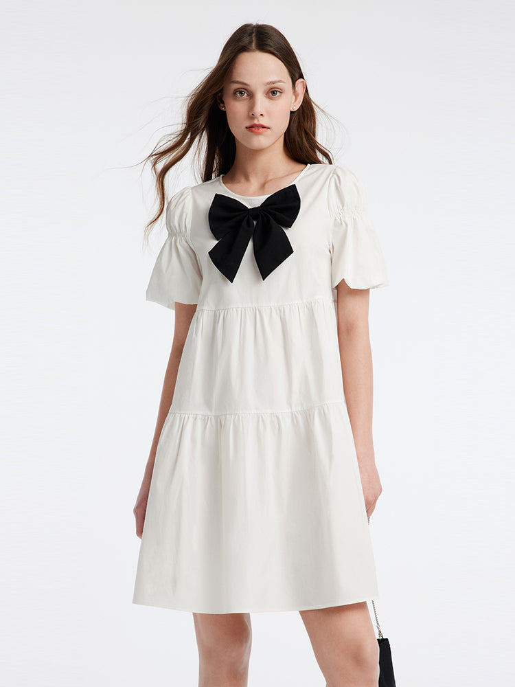 Bow Wrapped Lotus Sleeve Small White Dress GOELIA