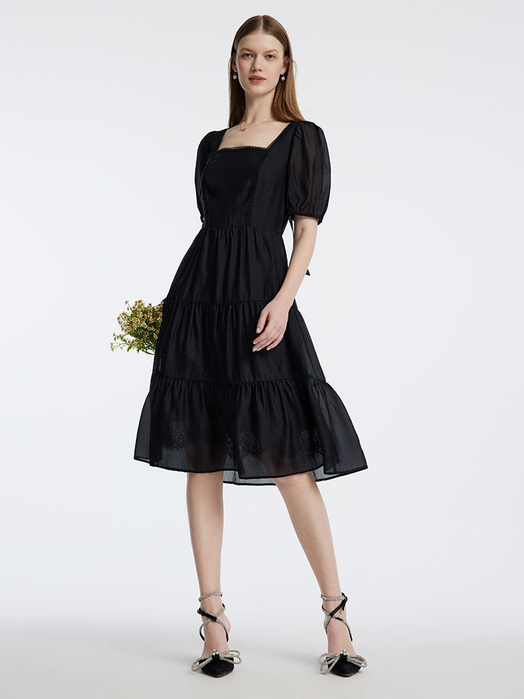 Square Neck Black Waist Dress GOELIA