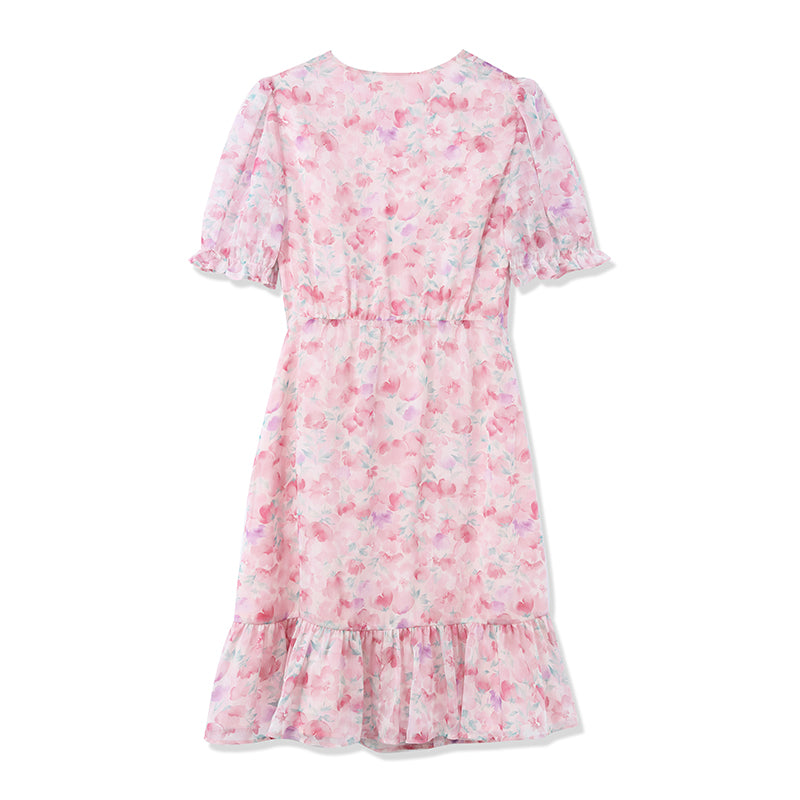 Pink Floral Short Sleeve Dress GOELIA