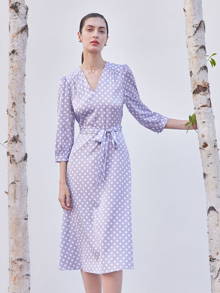 Purple Polka Dots Mulberry Silk Dress GOELIA