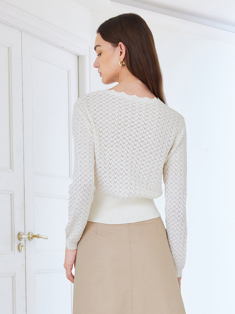 White Jacquard V-neck Combed Cotton Sweater GOELIA