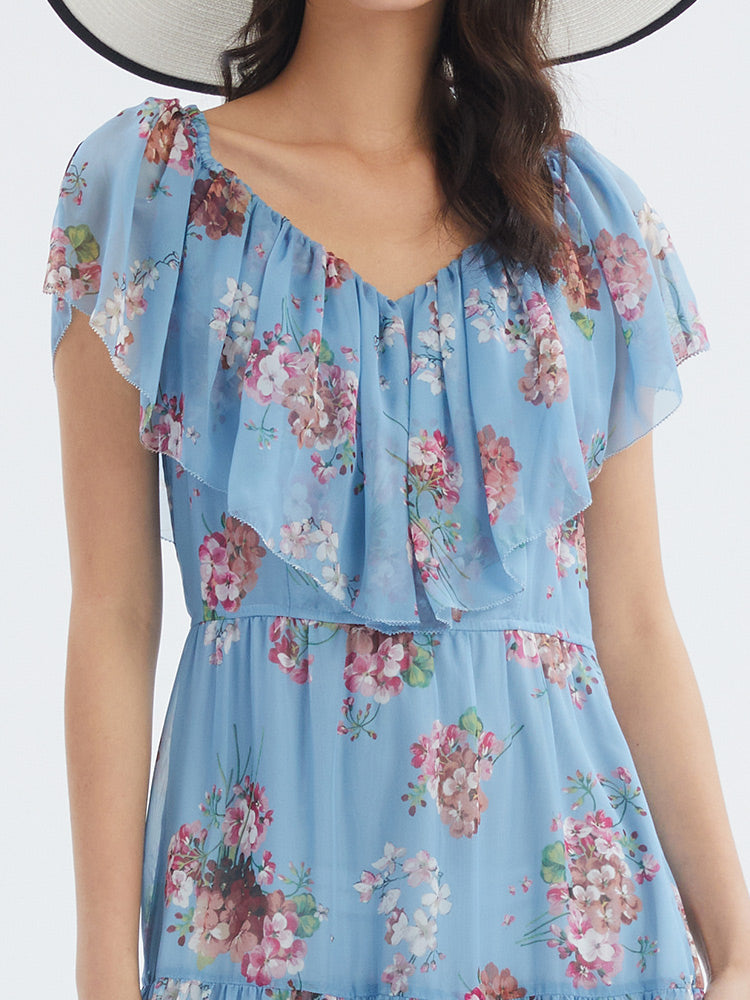 Floral Print Ruffled Collar Maxi Dress GOELIA