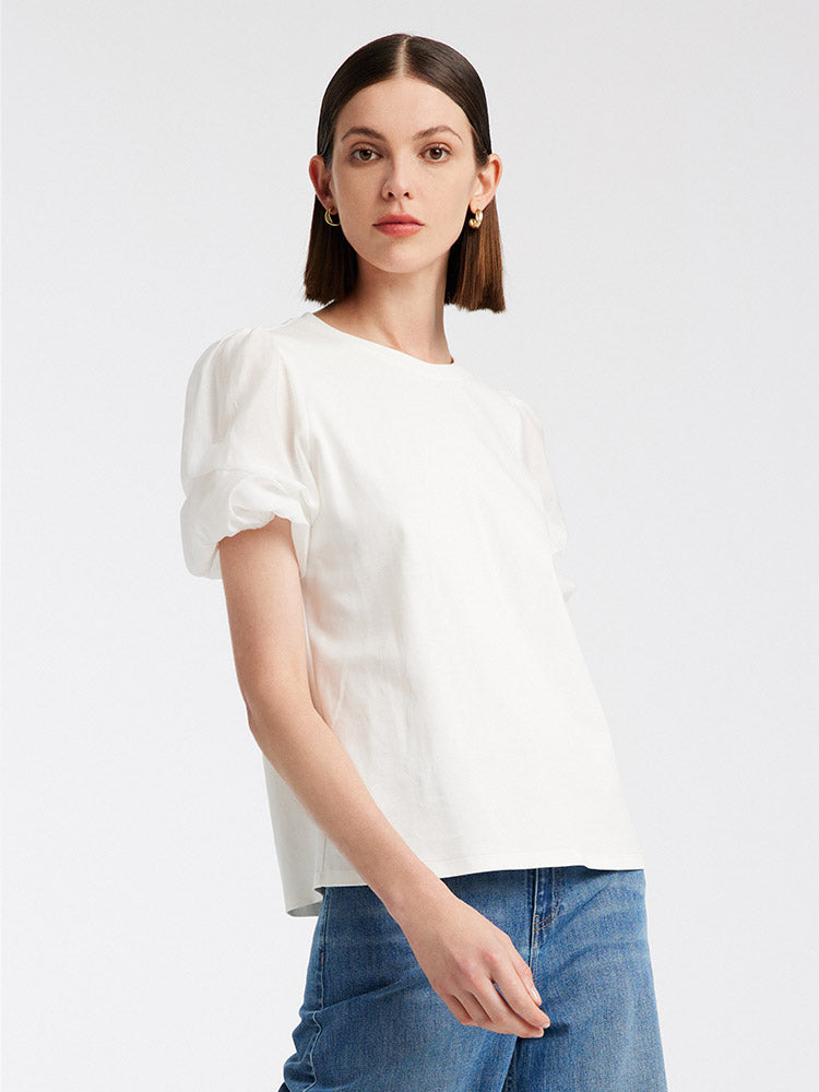 Puff-Sleeve Tencel Button-Up Shirt - Light Wash