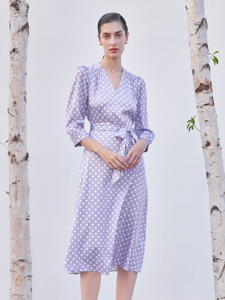 Purple Polka Dots Mulberry Silk Dress GOELIA