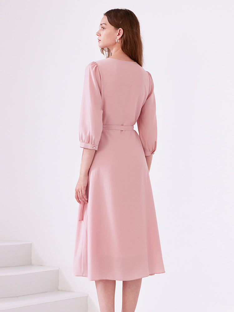 Pink V-Neck Lace Up Wrap Dress GOELIA