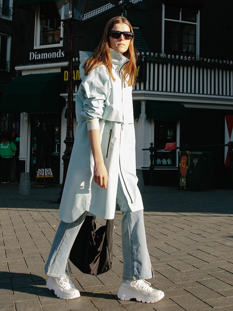 Sea Blue Hoodie Silm Trench Coat GOELIA