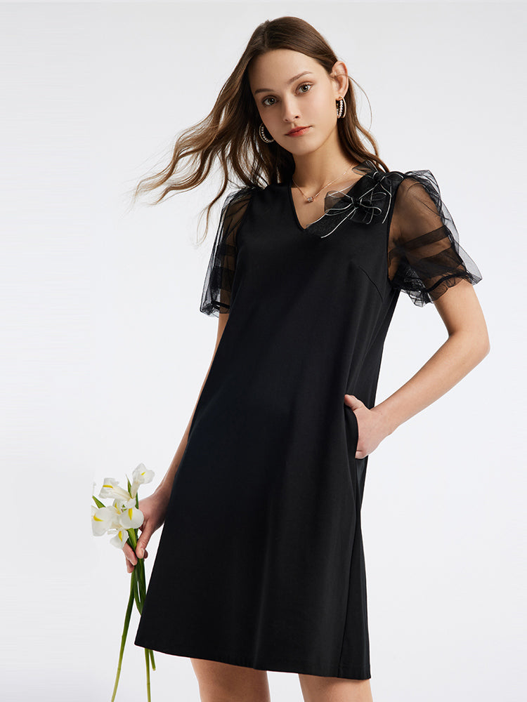 Bow Tie Puffy Sleeve Knitted Dress GOELIA