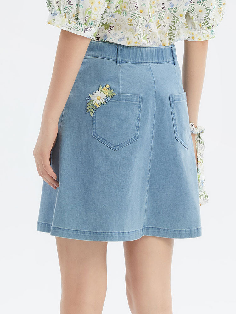 Denim Embroidery Mini Skirt GOELIA