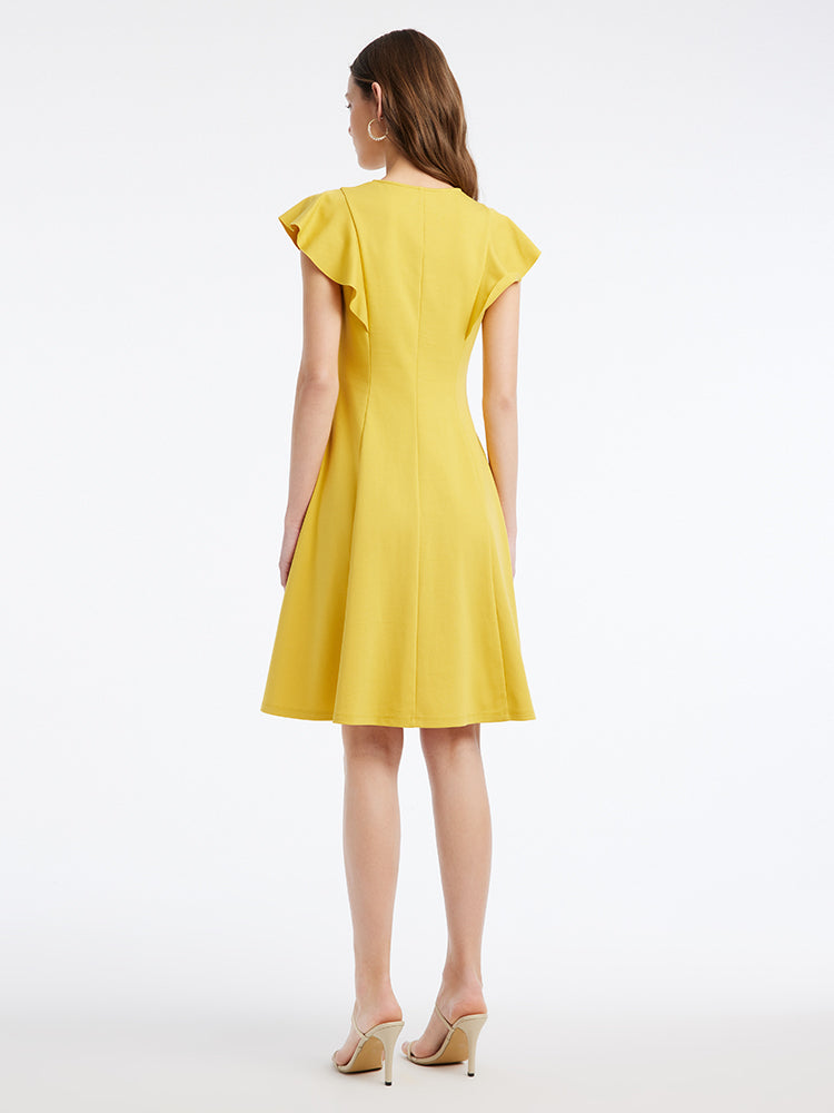 Yellow V-Neck Ruffle Sleeve Mini Dress GOELIA