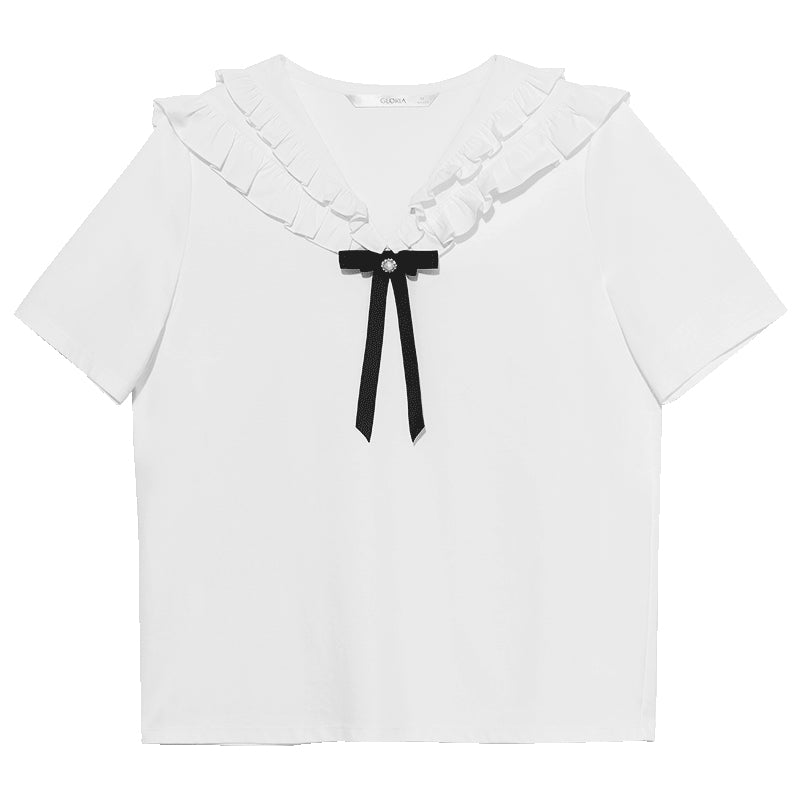 Ruffle Collar T-Shirt (With Bowknot) GOELIA