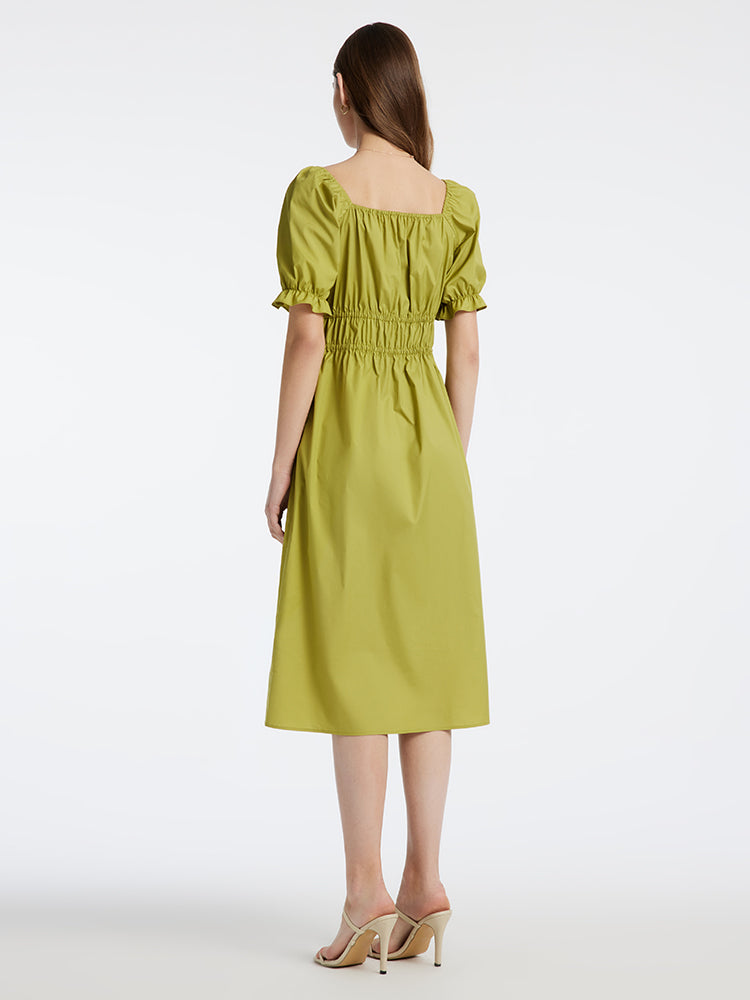 Green Princess Sleeve Square Neck Gathered Waist Midi Dress GOELIA