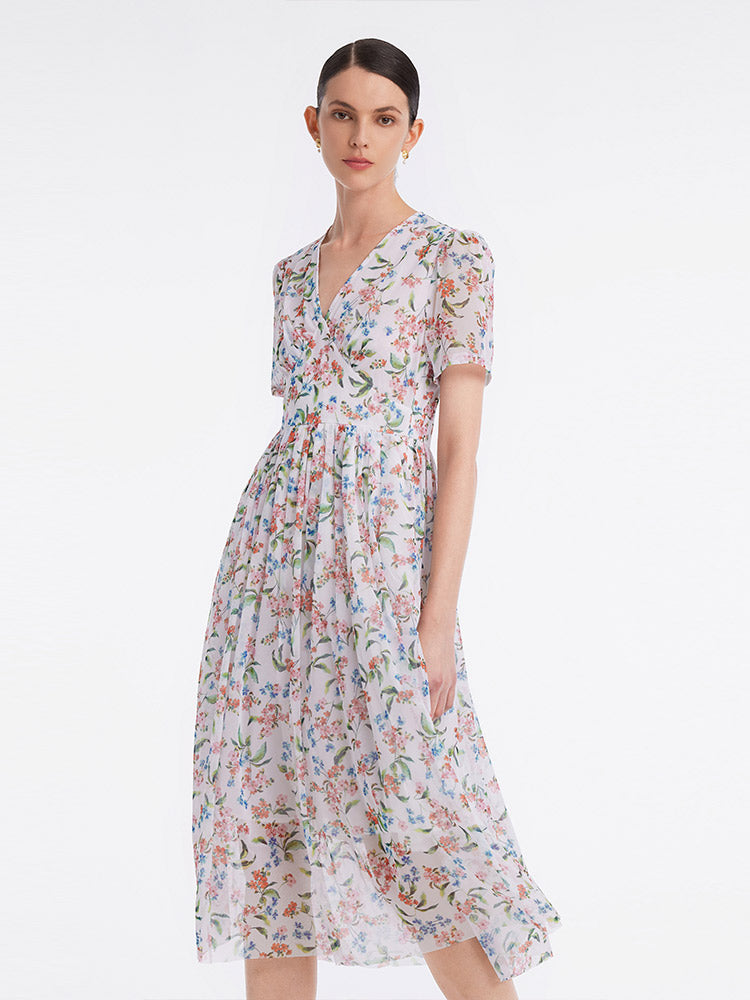 Floral Printed V-Neck Mid-Calf Dress GOELIA