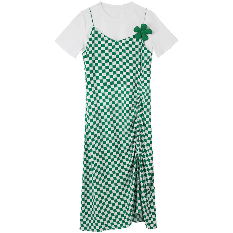 Checkerboard Slip & Shirring Dress Set GOELIA