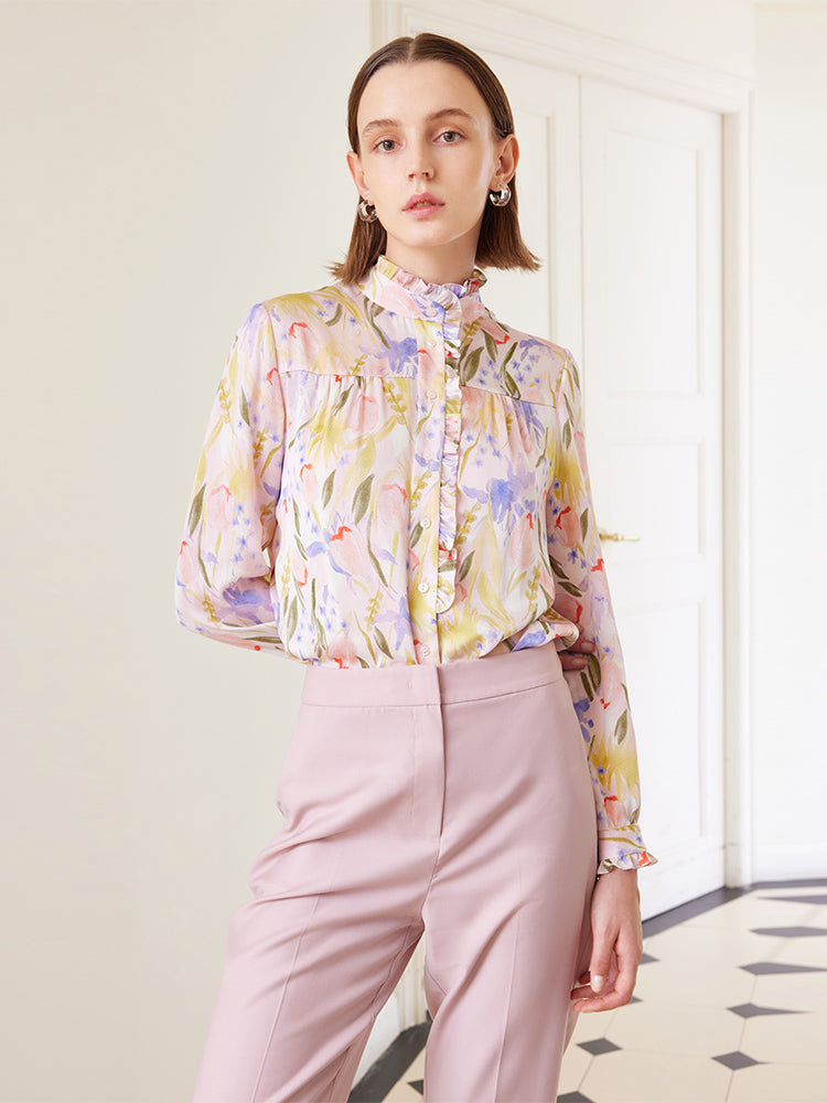 19MM Mulberry Silk Floral Pink Shirt GOELIA