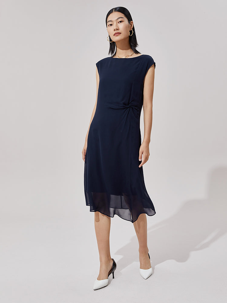 Blue Silk Boat Neck Dress GOELIA