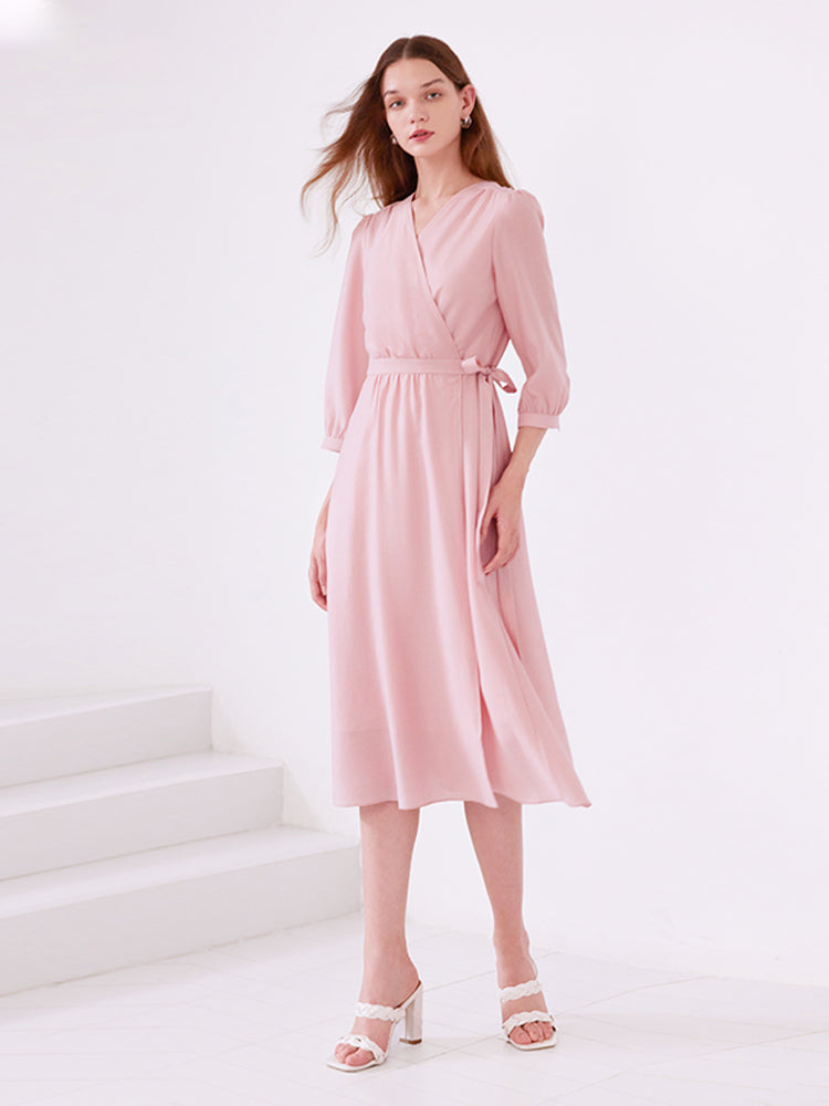 Pink V-Neck Lace Up Wrap Dress GOELIA