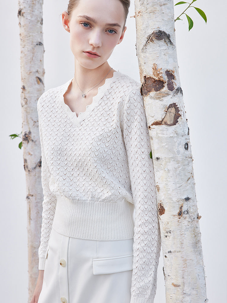 White Jacquard V-neck Combed Cotton Sweater GOELIA