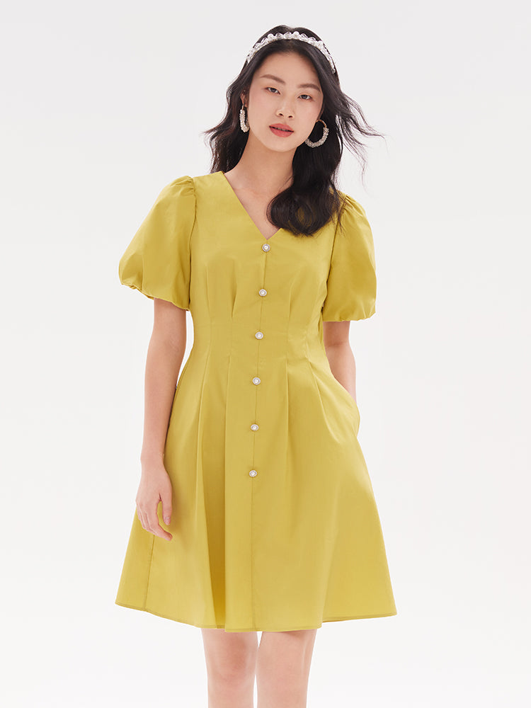 Fitted Waist & V-Neck Cotton Dress GOELIA