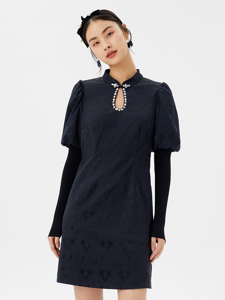 Black Jacquard Cheongsam Princess Sleeve Dress GOELIA