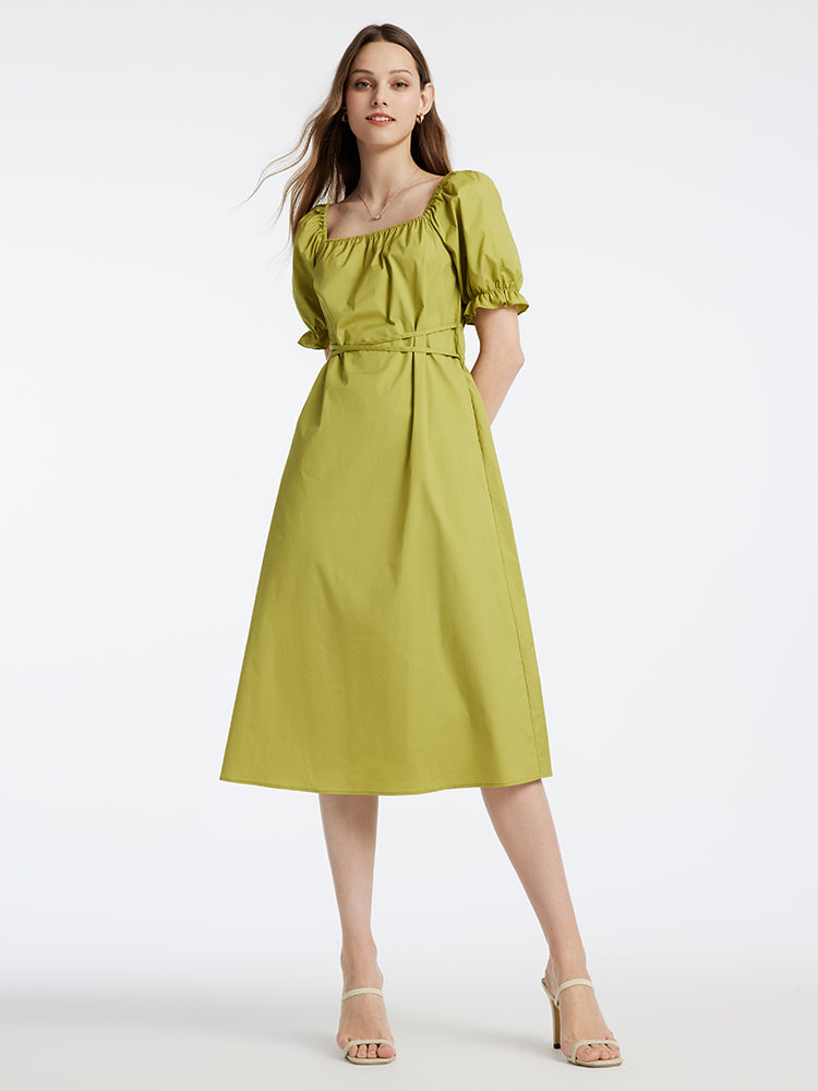 Green Princess Sleeve Square Neck Gathered Waist Midi Dress GOELIA