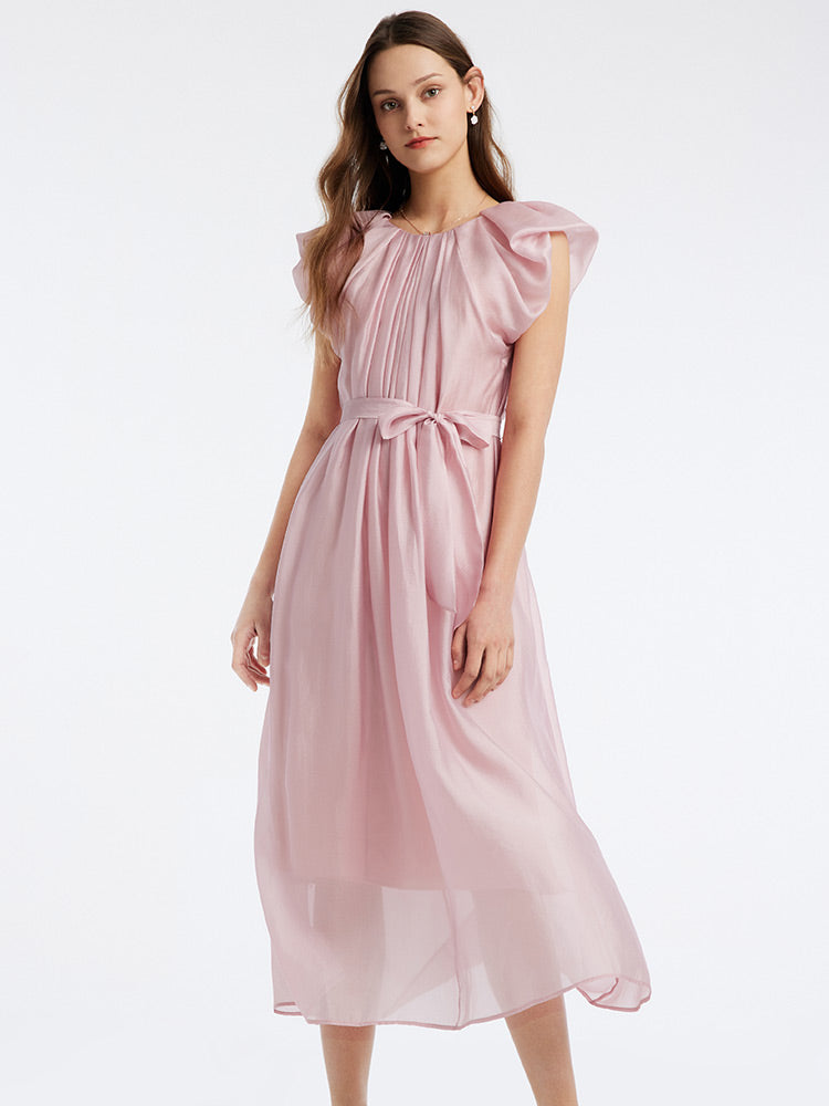 Pink V-Neck Ruffle Sleeve Mid-Calf Dress GOELIA