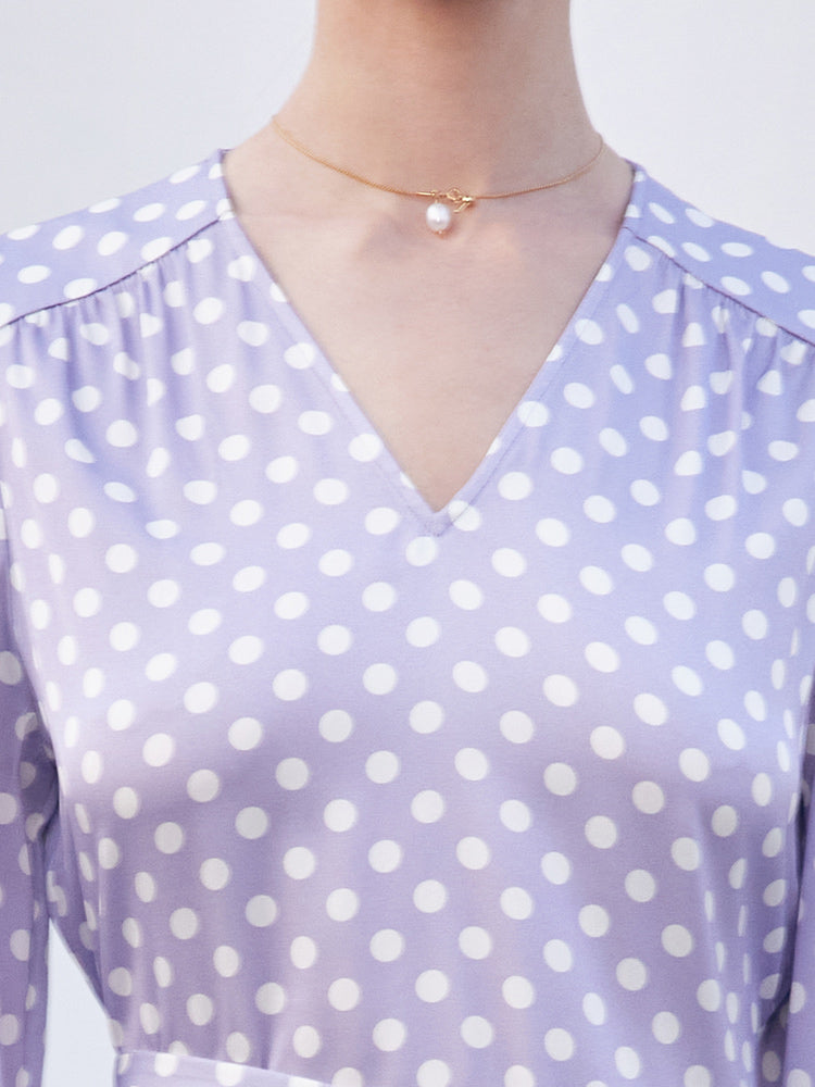 Purple Polka Dots Mulberry Silk Dress GOELIA