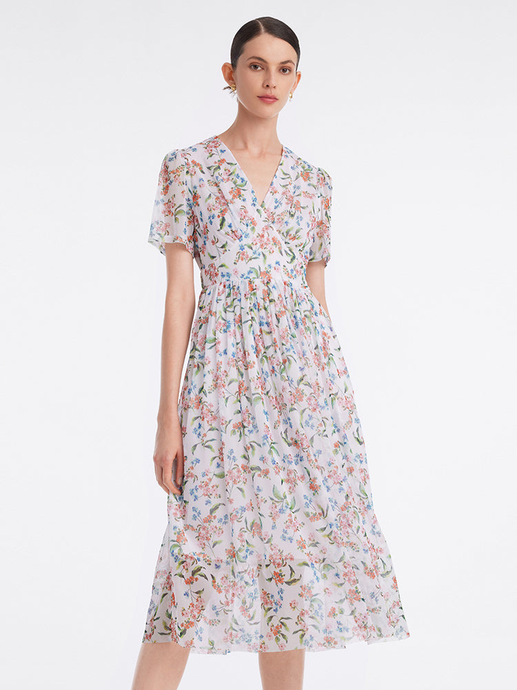 Floral Printed V-Neck Mid-Calf Dress GOELIA