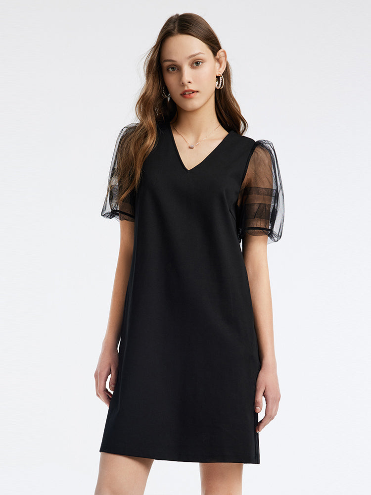 Bow Tie Puffy Sleeve Knitted Dress GOELIA