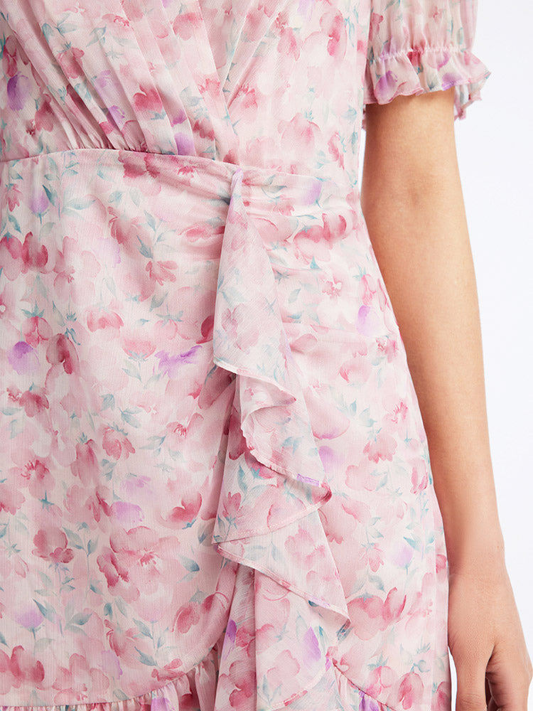 Pink Floral Short Sleeve Dress GOELIA