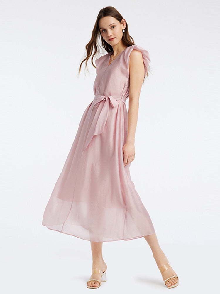 Pink V-Neck Ruffle Sleeve Mid-Calf Dress GOELIA