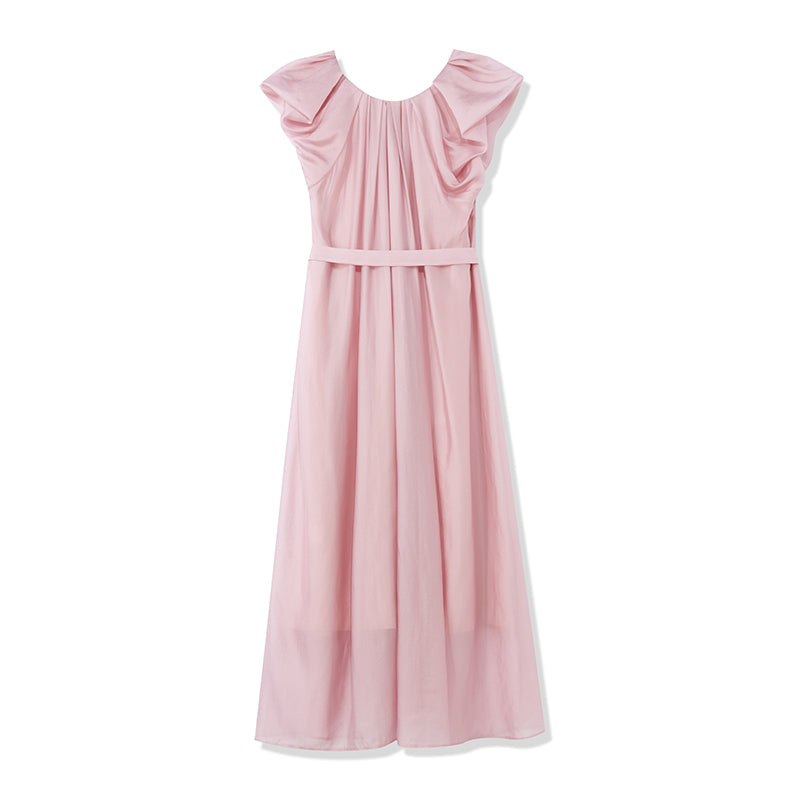 Pink V-Neck Ruffle Sleeve Mid-Calf Dress GOELIA