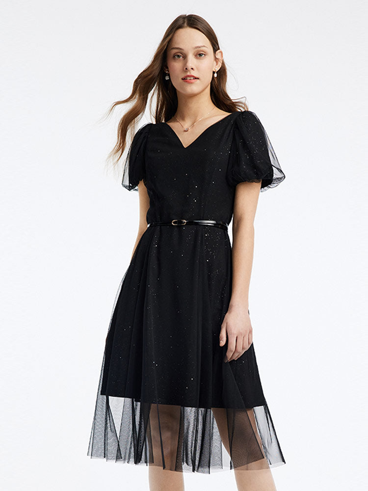 Black V-Neck Mesh Princess Sleeve Dress GOELIA