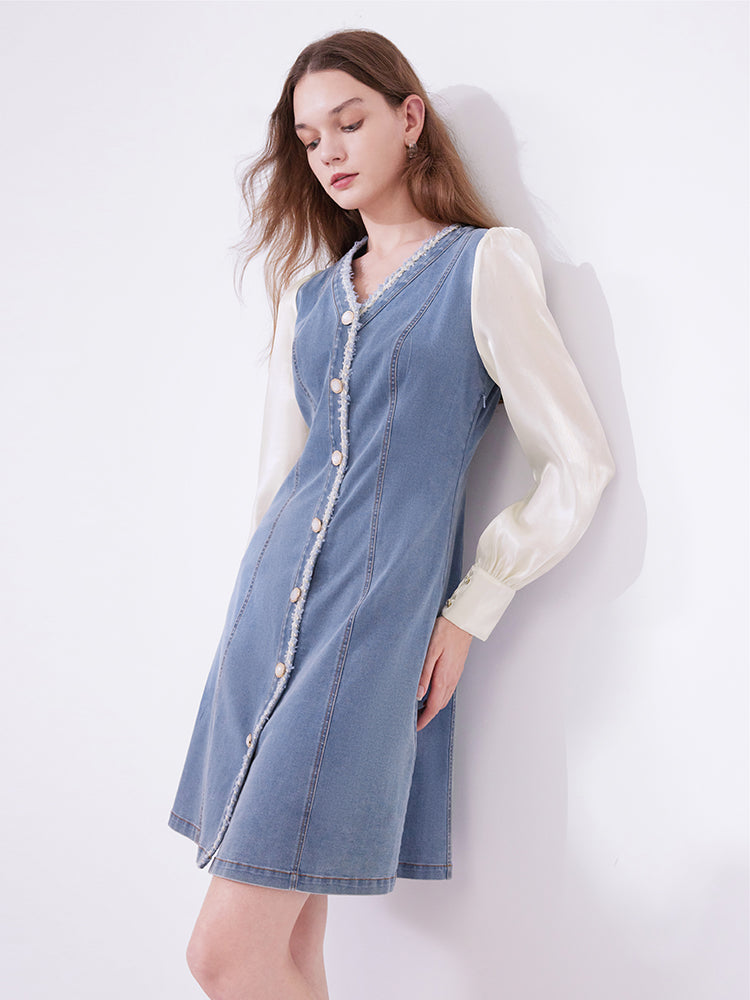 White&Blue Double-Breasted Long-Sleeve Tweed Jeans Dress GOELIA