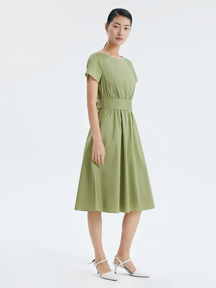 One Word Collar Gathered Waist Cotton Dress GOELIA