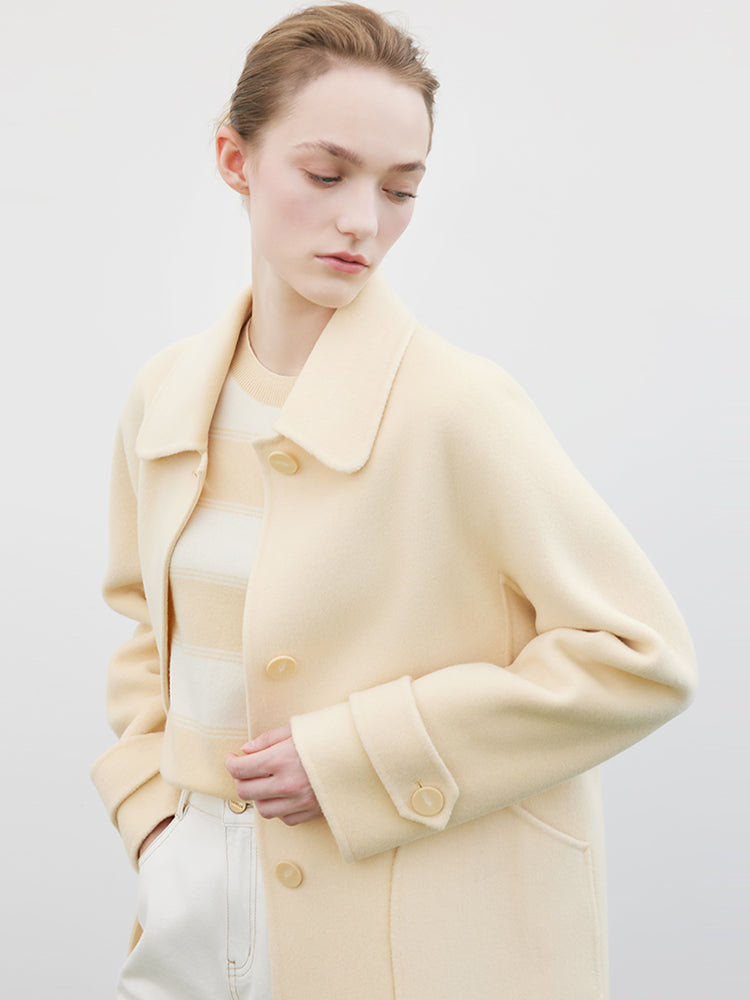 Cream Yellow Mid-length Woolen Coat GOELIA