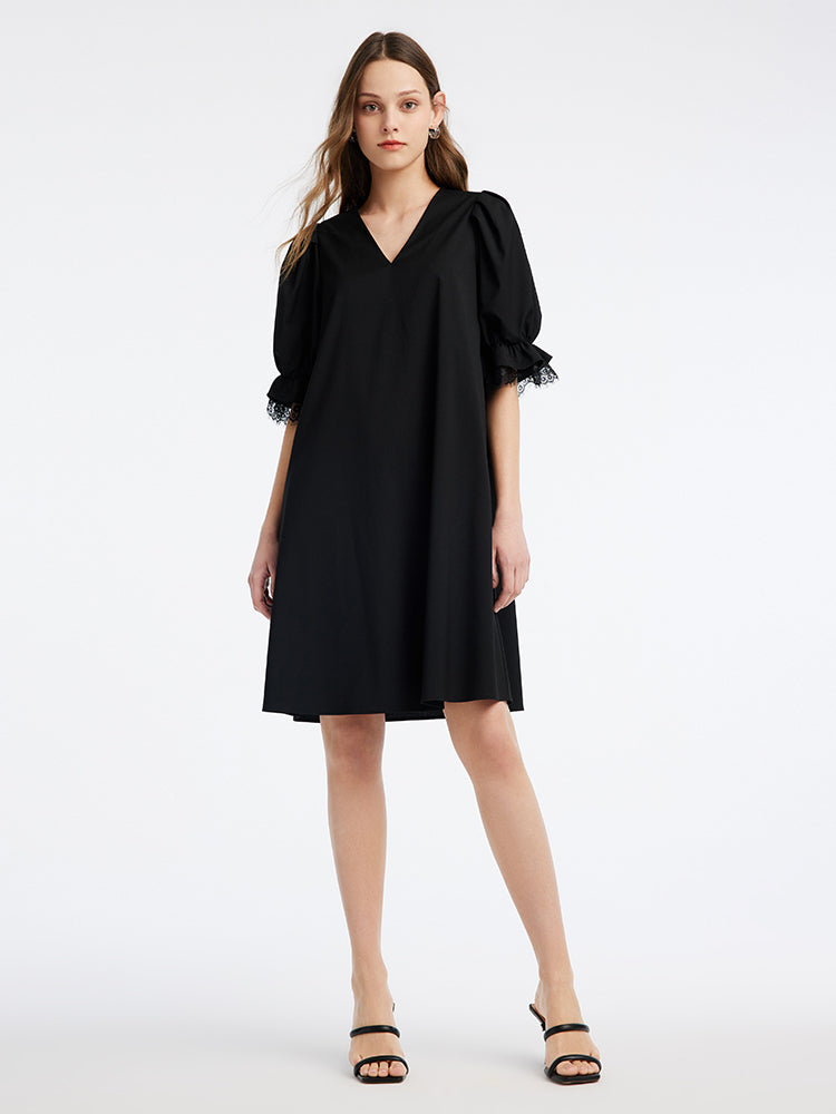 Black V-Neck Princess Sleeve Mini Dress GOELIA