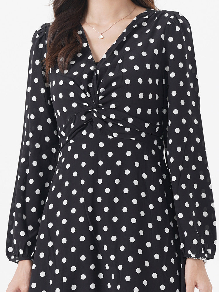 V-Neck Silk Polka Dot Dress GOELIA