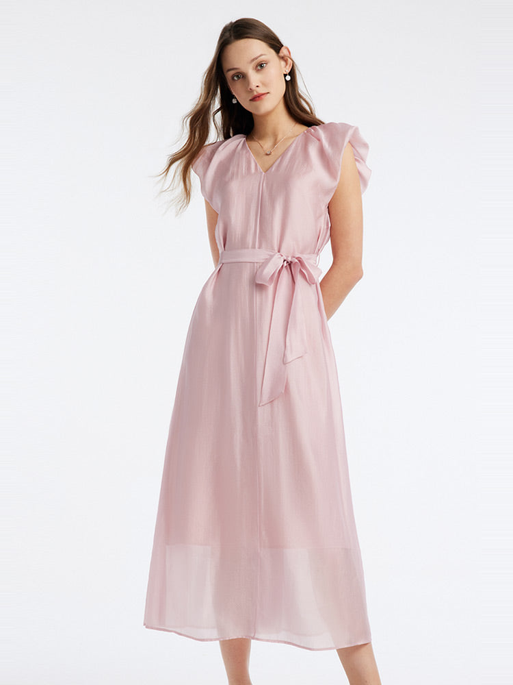 Pink V-Neck Ruffle Sleeve Mid-Calf Dress GOELIA