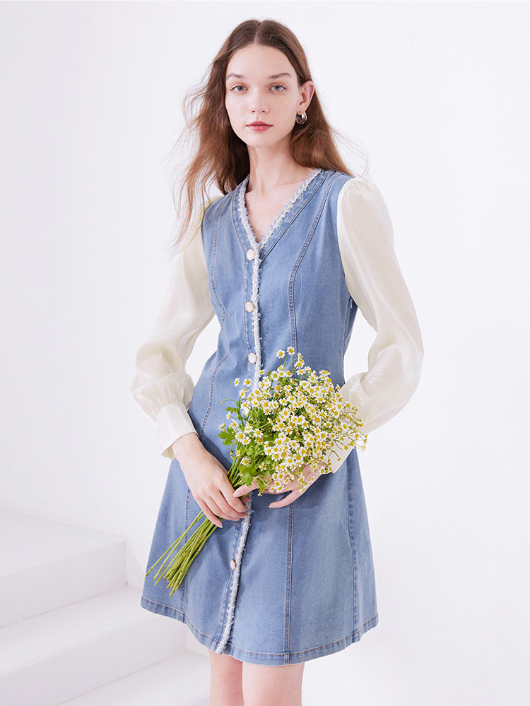 White&Blue Double-Breasted Long-Sleeve Tweed Jeans Dress GOELIA