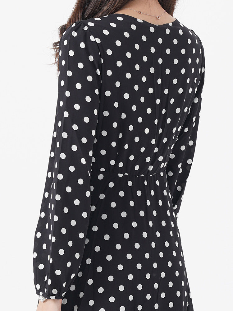 V-Neck Silk Polka Dot Dress GOELIA